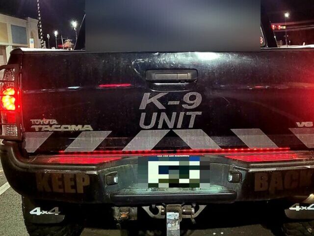 Rear view of a black Toyota Tacoma K-9 Unit with reflective gray shadow chevron stripes on the tailgate and bumper, photographed at night with reflective tape glowing.